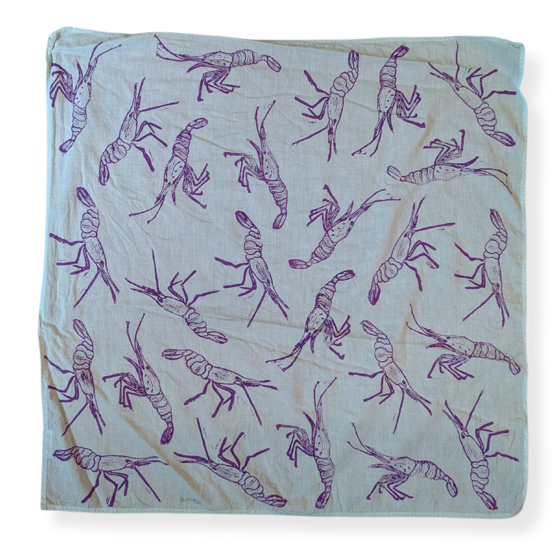 Shrimp - Hand Stamped Organic Cotton Bandana (Pale Blue/Deep Purple)