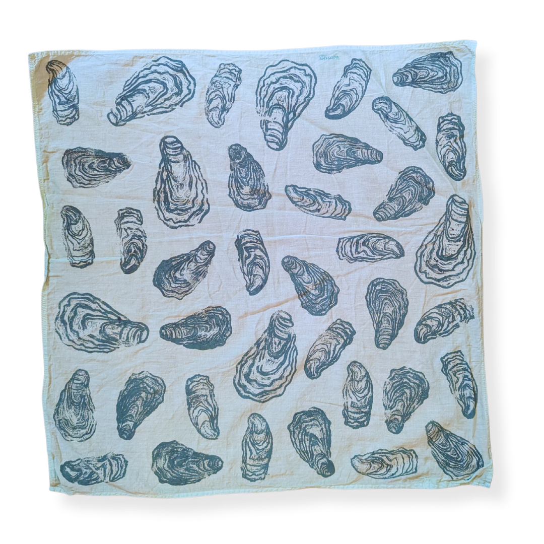 Oyster Shell – Hand Stamped Organic Cotton Bandana (Pale Blue/Dusty Green)