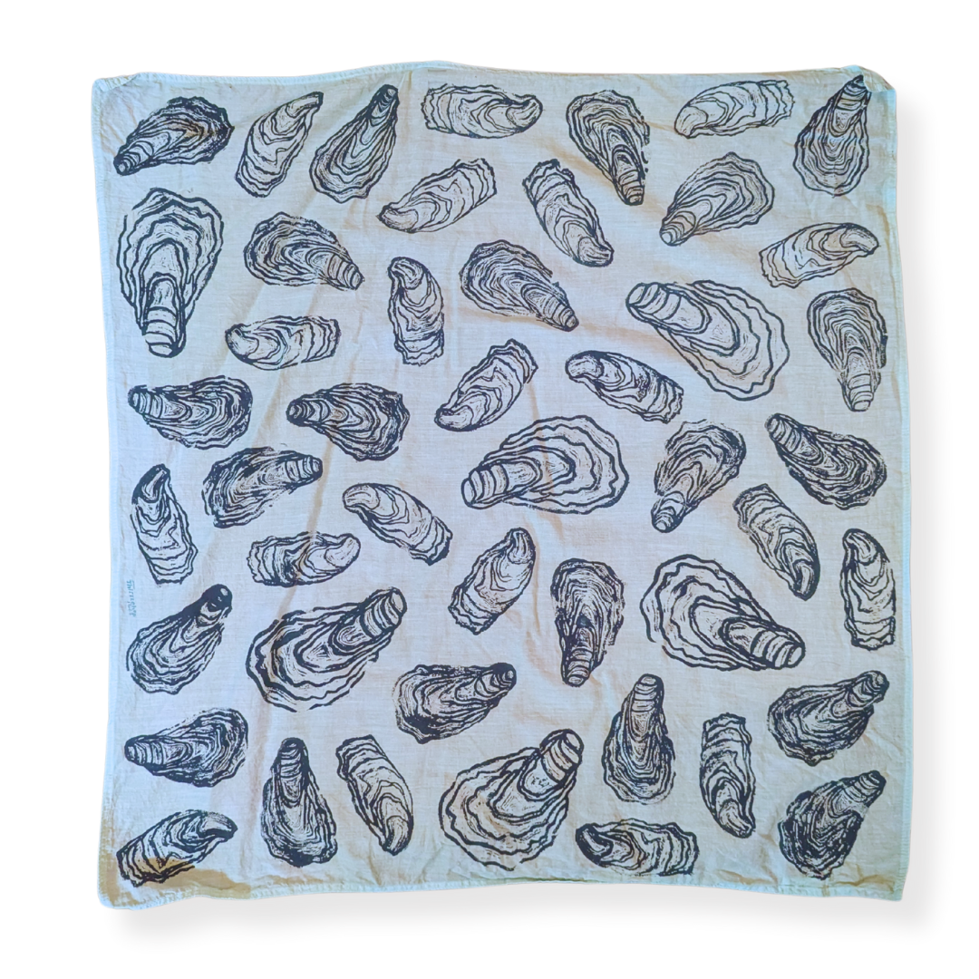 Oyster Shell – Hand Stamped Organic Cotton Bandana (Pale Blue/Dark Green)