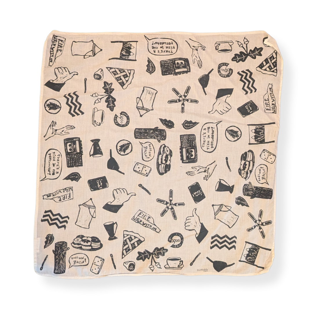 Give Yourself a Present – Hand-Stamped Organic Cotton Bandana (Tan/Black)