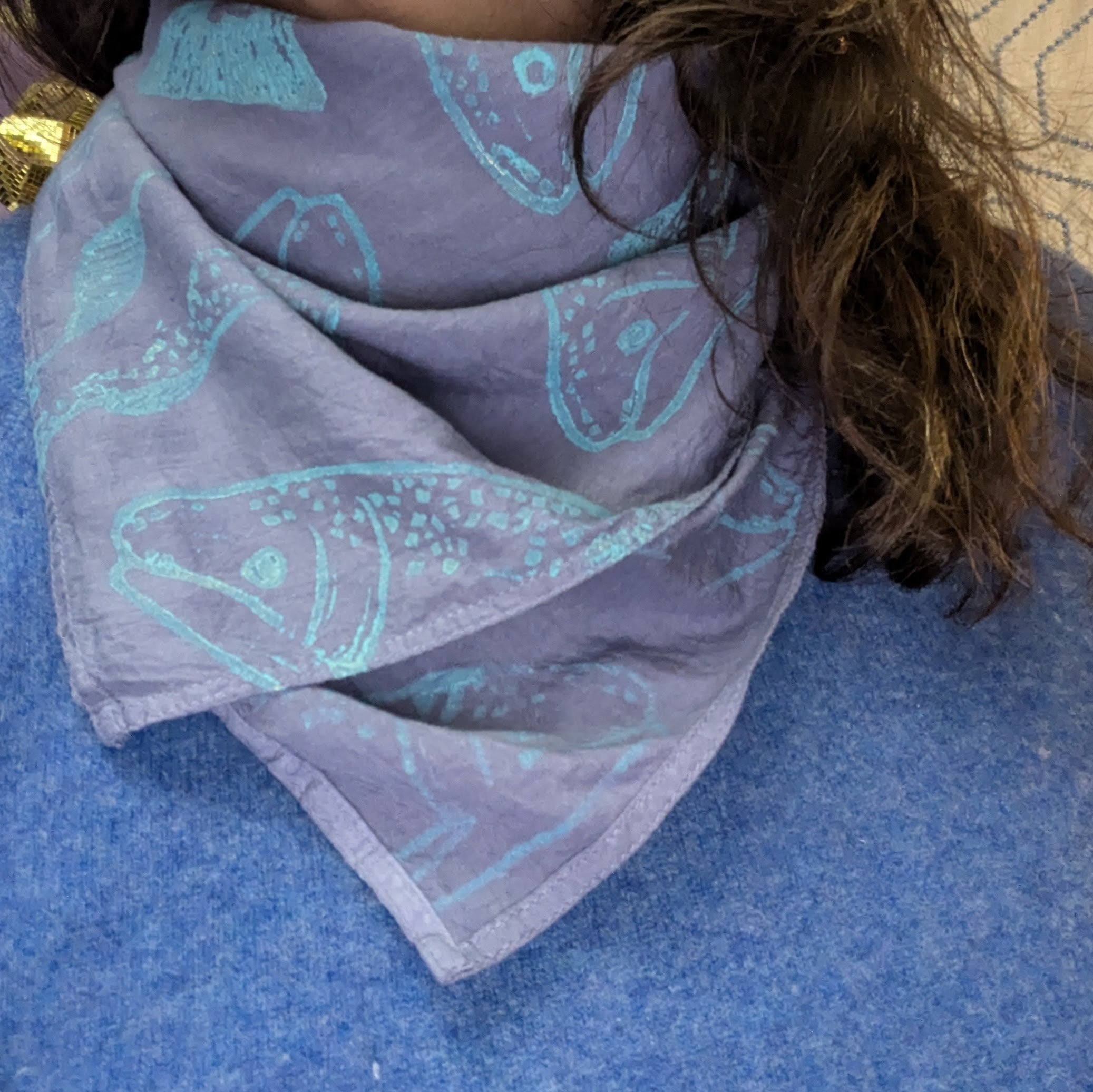 Salmon - Hand Stamped Organic Cotton Bandana (Indigo/Blue)